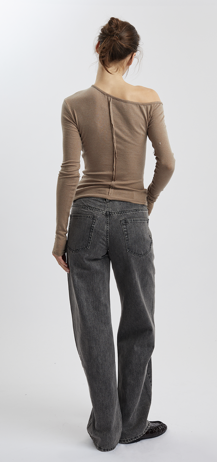 Papper long sleeved off shoulder tshirt - Brown