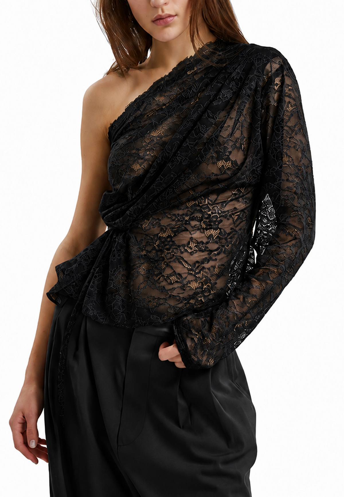 Cora one shoulder lace top- Black