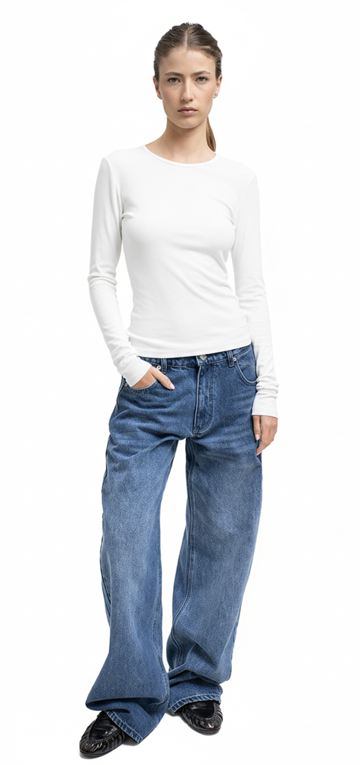 Long sleeved ribbed top - White