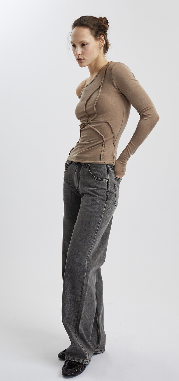 Papper long sleeved off shoulder tshirt - Brown