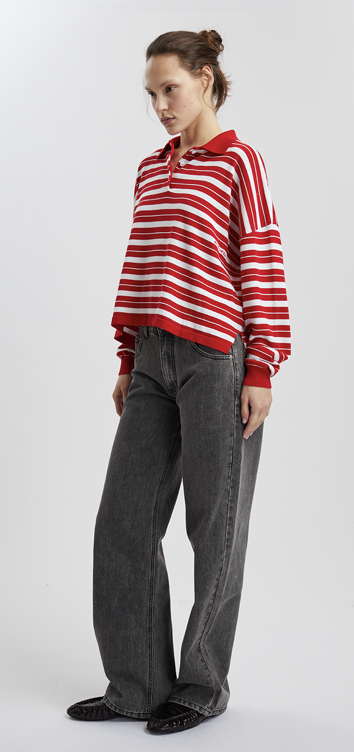 POLO LONG SLEEVED COTTON STRIPED SHIRT - Red