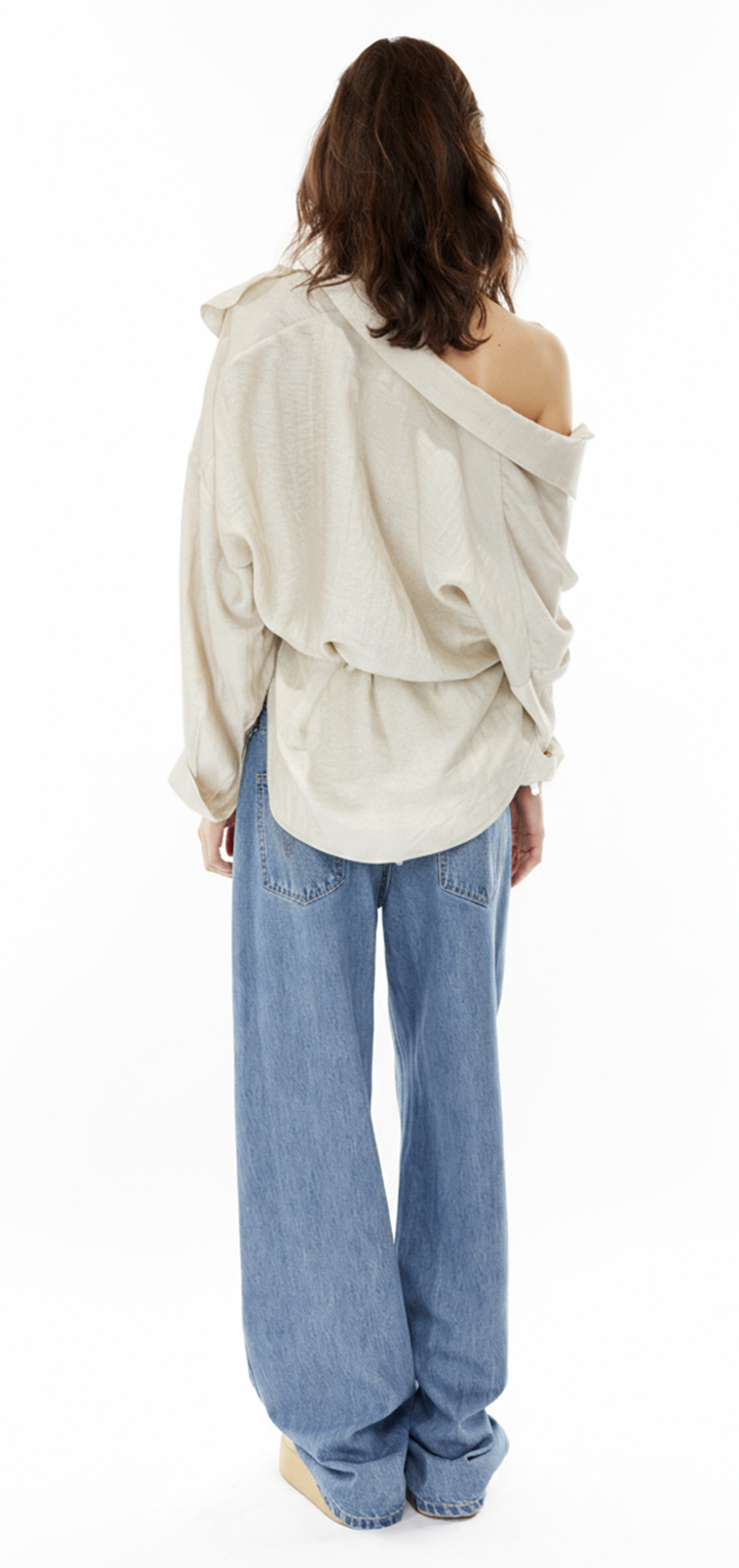 Off shoulder wrap button shirt - Beige