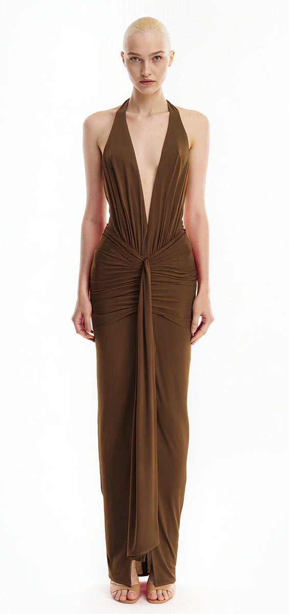 Inaya collar maxi dress- Brown